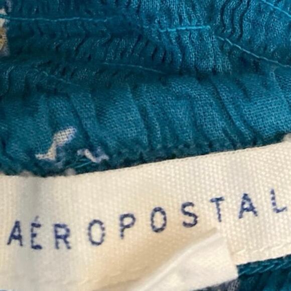 Aeropostale Blue Floral Short Puff Sleeve Frayed Front Tie Slim Crop Top Size XS - Picture 4 of 5